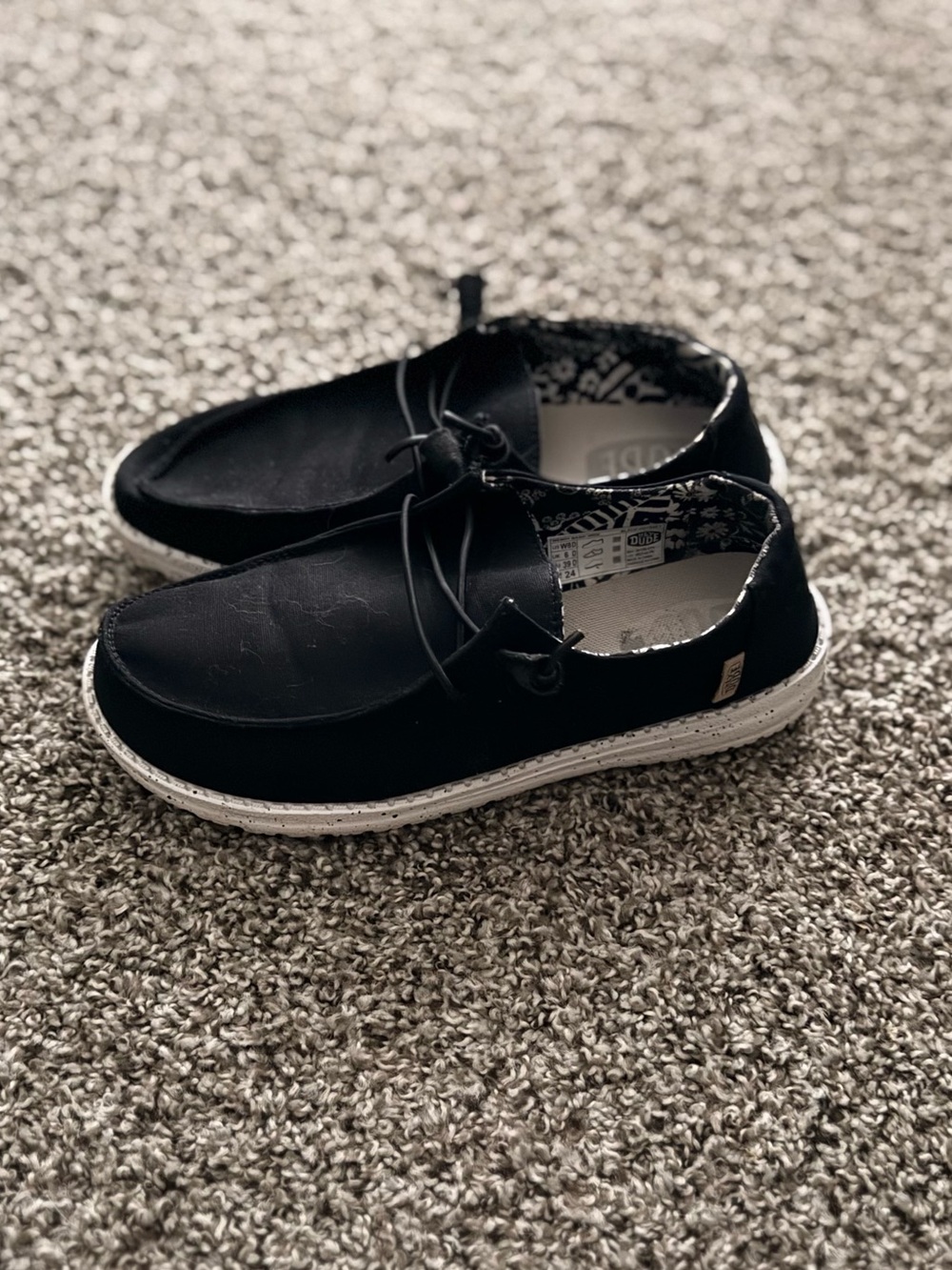 Hey Dude Womens 8 Black Slip-On Sneakers with White Sole